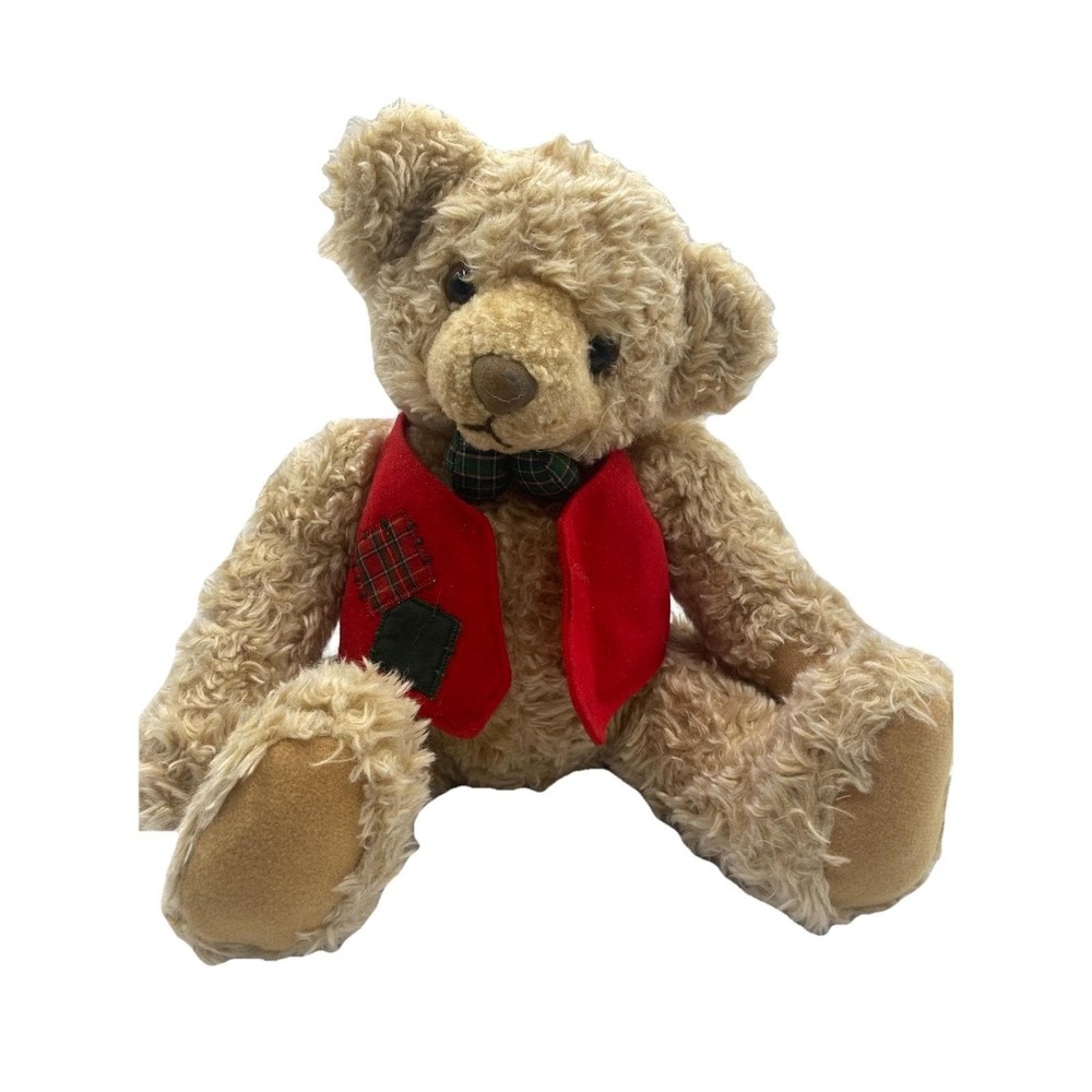 Hallmark Vintage Christmas Teddy Bear Plush‎ Red Green Vest Holidays Approx 12"